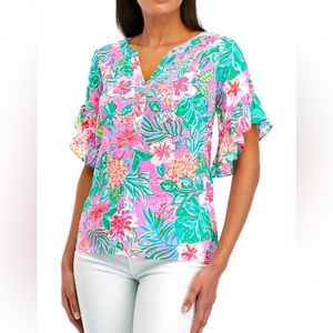NWT LILLY PULITZER QUINNA SHORT SLEEVE TOP MULTI JOURNEY TO THE JUNGLE SZ Large